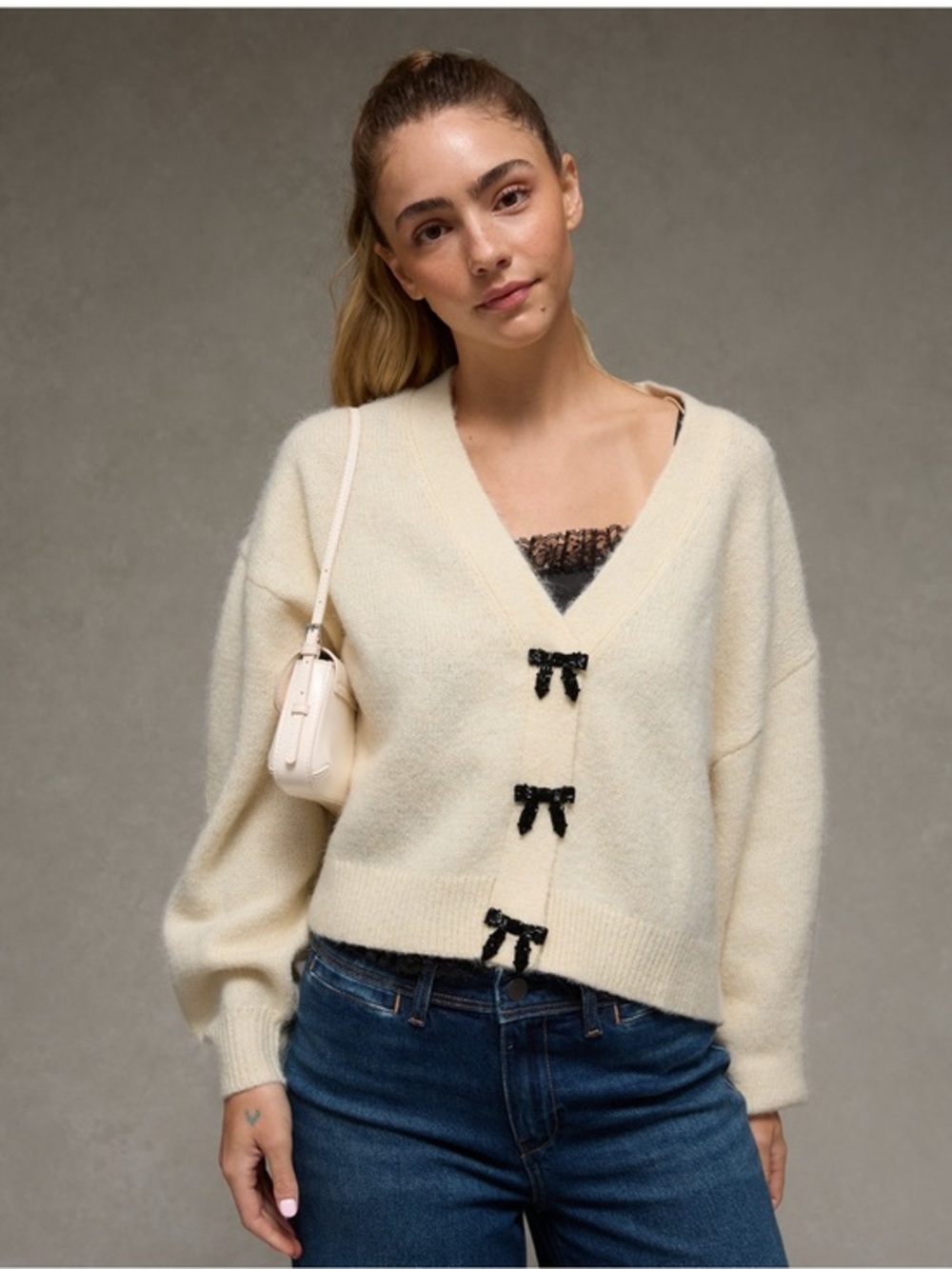 NWOT AEO Cream V-Neck Bow-Accent Sweater Cardigan